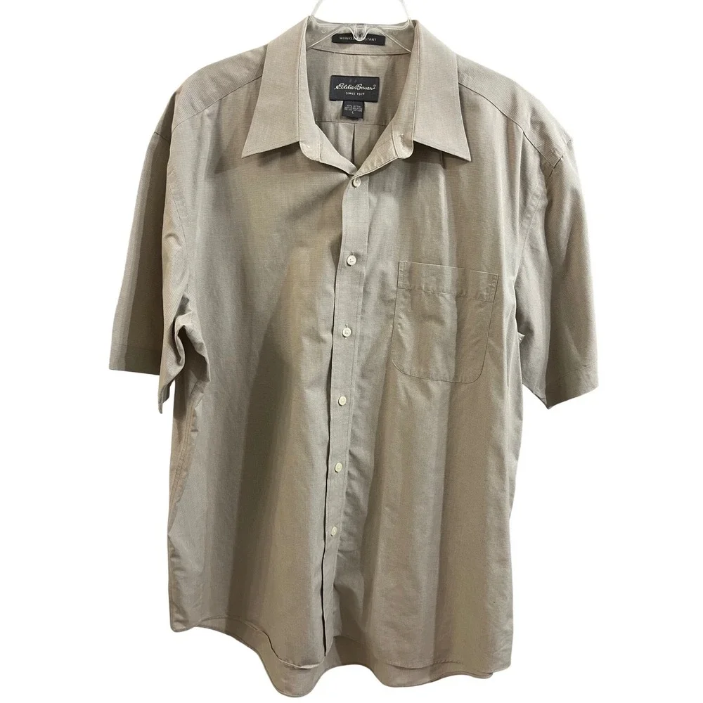 Eddie Bauer Mens Large Tan Micro Check Short Sleeve‎ Button Down Shirt Cotton L